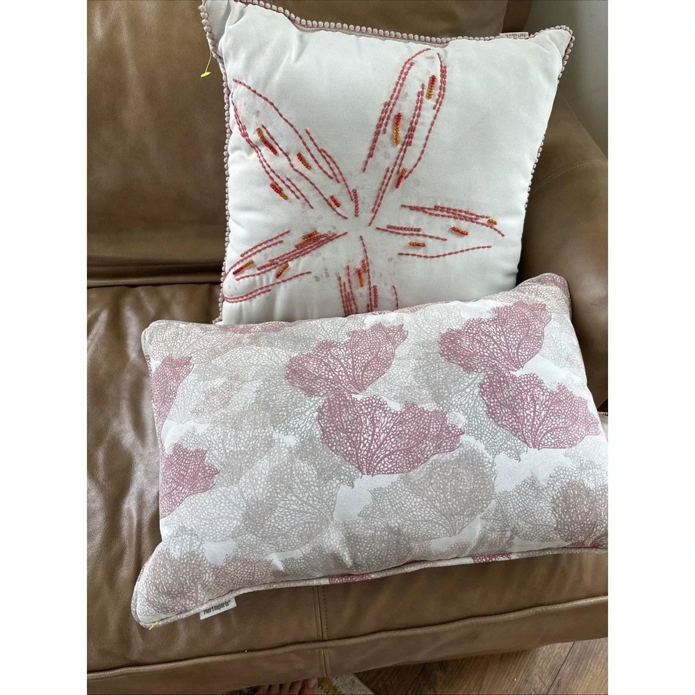 Pier 1 Imports Decorative Coastal Throw Pillows Lot Of 2 Starfish Coral Tan EUC‎